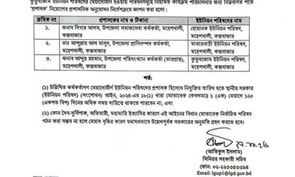 মহেশখালীর ৩ ইউনিয়নে প্রশাসক নিয়োগ, দায়িত্ব পেলেন যারা